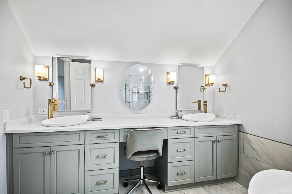 Design ideas for a large transitional master bathroom in DC Metro with recessed-panel cabinets, grey cabinets, a freestanding tub, a corner shower, a vessel sink, engineered quartz benchtops, a hinged shower door, a shower seat, a double vanity and a built-in vanity.