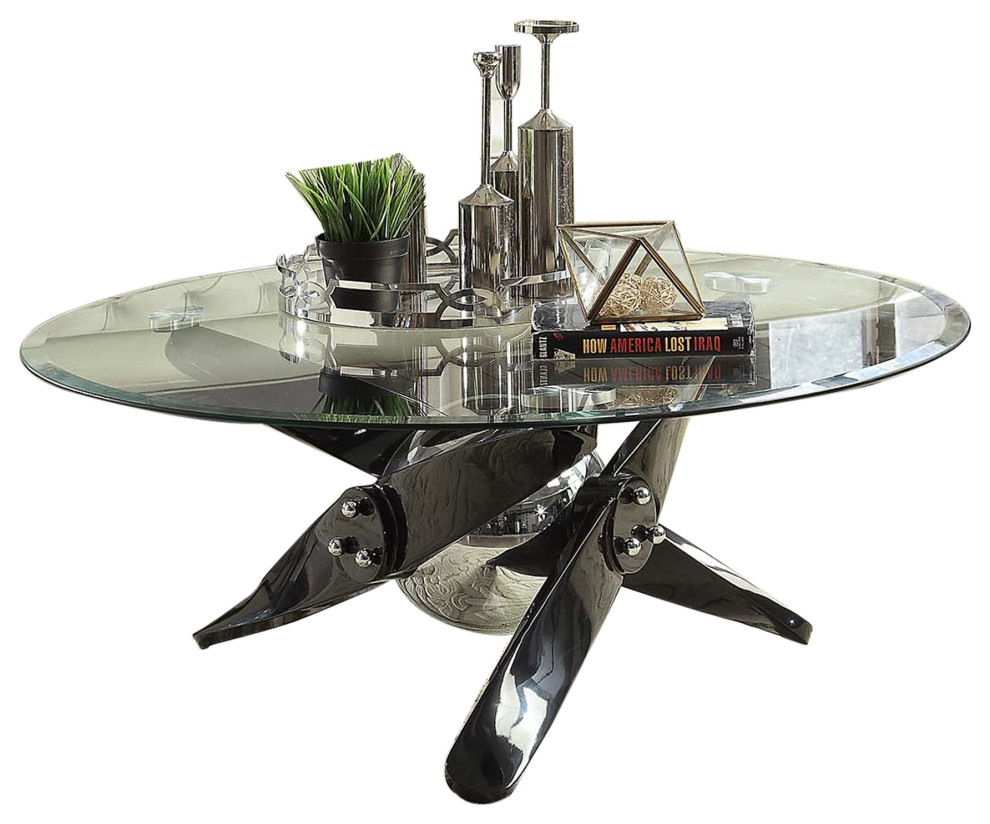 Benzara Glass Top Coffee Table with Propeller Metal Base, Black and