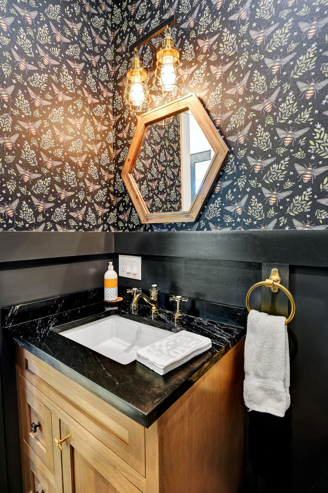 Powder Room with Botanical Wallpaper & Black Marble Vanity – Home Addition in Fl