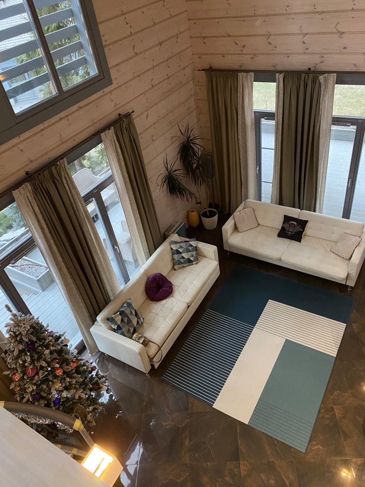 Оформление текстилем загородного дома из деревянного бруса