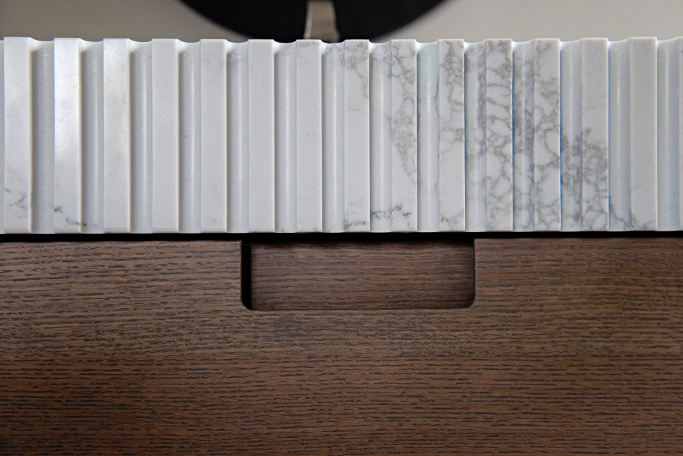Inspiration for a mid-sized transitional master white tile and porcelain tile porcelain tile, beige floor and single-sink walk-in shower remodel in Toronto with flat-panel cabinets, light wood cabinets, a one-piece toilet, beige walls, an undermount sink, quartz countertops, a hinged shower door, white countertops and a floating vanity