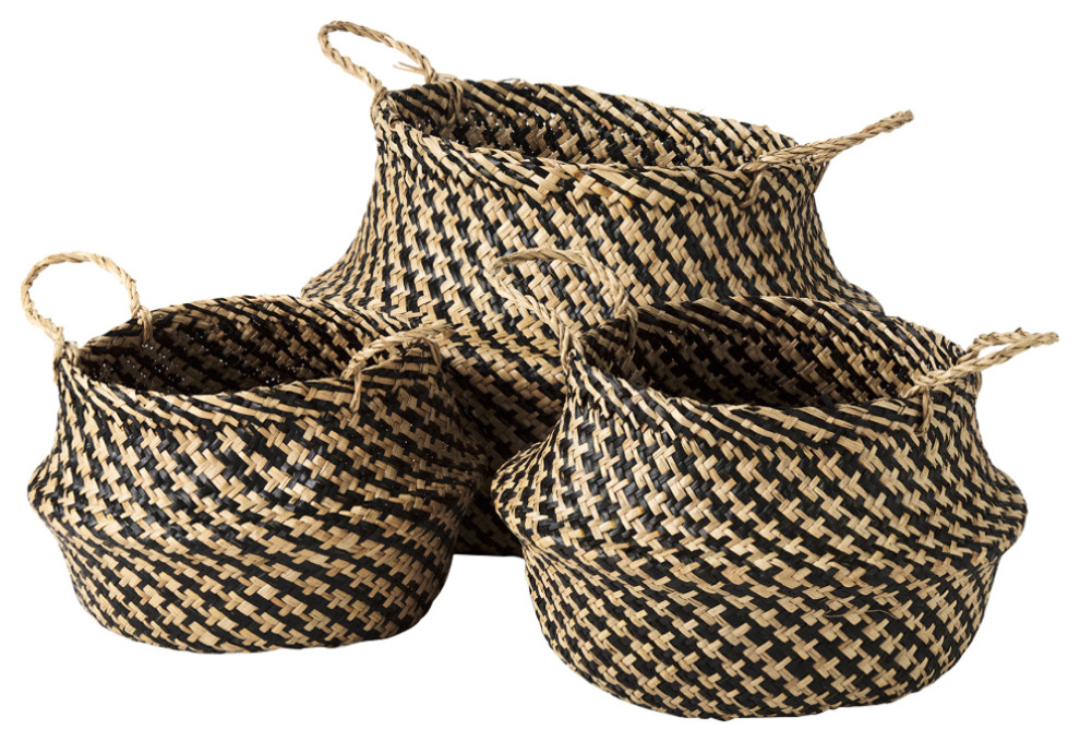 Gaia Light & Dark Brown Cross Patterned Seagrass Baskets, 3-Piece Set