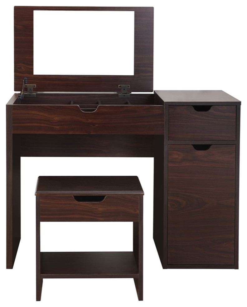 Bowery Hill 2-Piece Contemporary Wood Vanity Set with Glass in Walnut