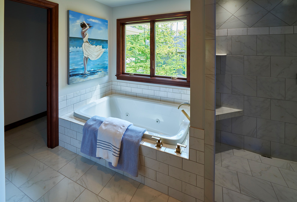 Drop-in bathtub - large transitional master gray tile and porcelain tile porcelain tile drop-in bathtub idea with white walls