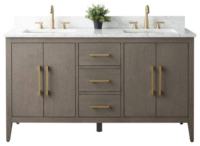 Vanity Art Bathroom Vanity Cabinet with Sink and Top, Driftwood Gray, 60" (Double), Golden Brushed