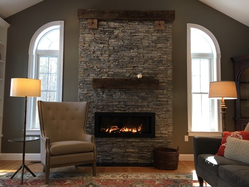 New Nantucket Stacked Stone and Reclaimed Oak Timber Fireplace