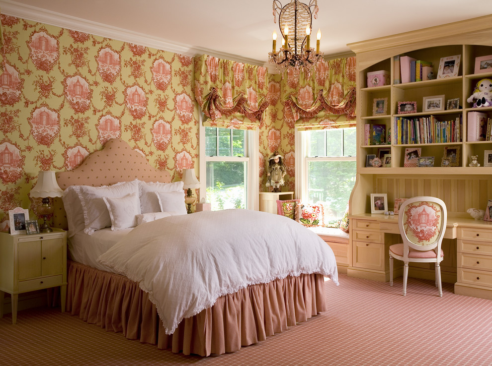Inspiration for a large traditional kids' bedroom for girls in New York with multi-coloured walls, carpet and pink floor.