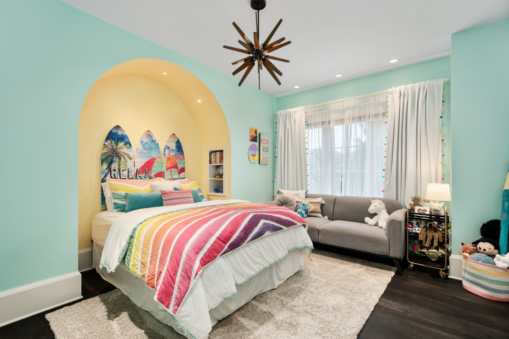 Design ideas for a large classic kids' bedroom in Seattle with blue walls and dark hardwood flooring.