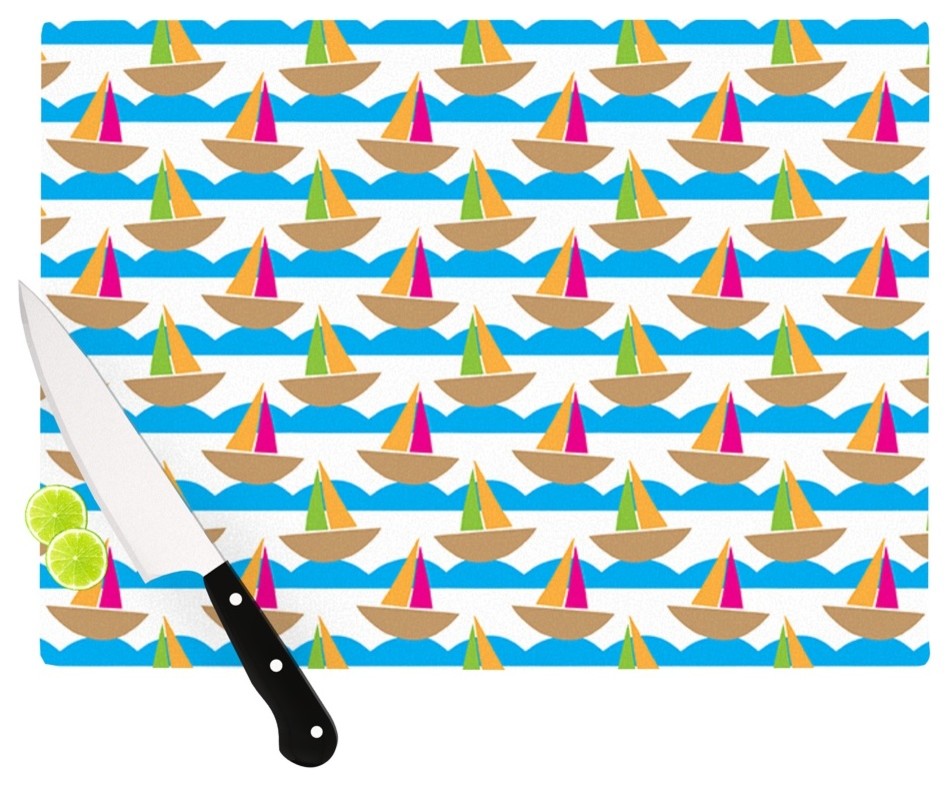 Apple Kaur Designs "Beside the Seaside" Boats Cutting Board, 11"x7.5"