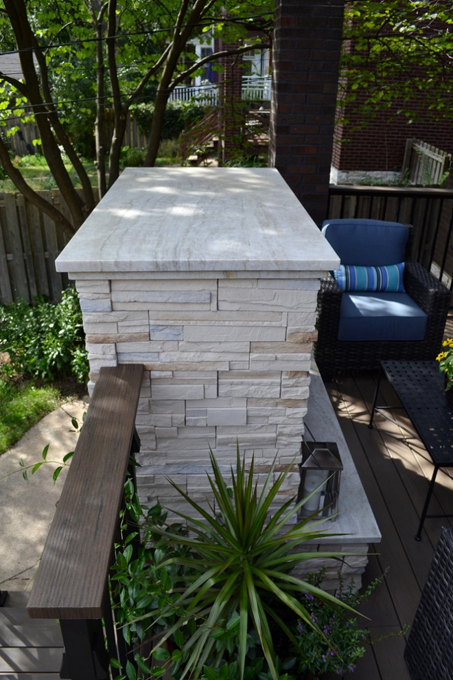 Mid-sized transitional backyard deck photo in St Louis with a fireplace and a roof extension