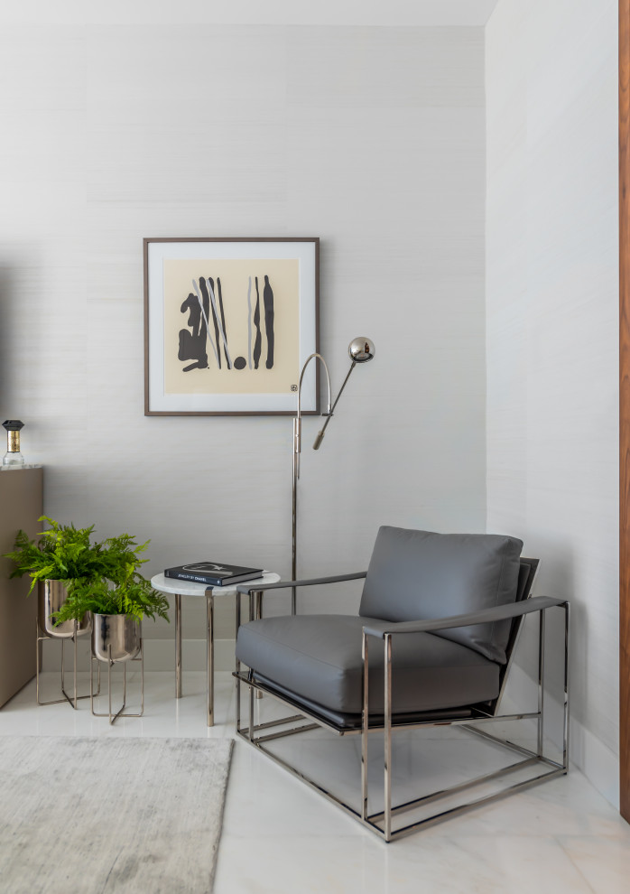 Family room - mid-sized contemporary gray floor family room idea in Miami with gray walls