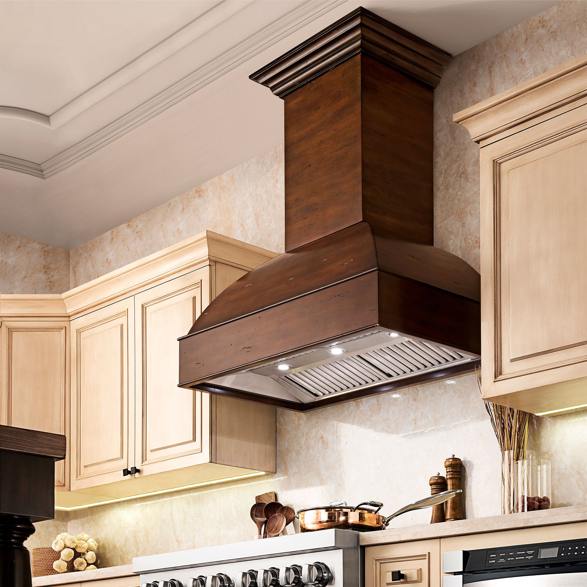 Kitchens featuring a ZLINE Wooden Wall Range Hood