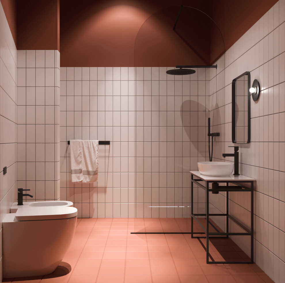 Стильный дизайн: ванная комната среднего размера в современном стиле с открытыми фасадами, черными фасадами, душем без бортиков, раздельным унитазом, красной плиткой, керамической плиткой, красными стенами, душевой кабиной, настольной раковиной, красным полом, открытым душем, белой столешницей, тумбой под одну раковину и напольной тумбой - последний тренд