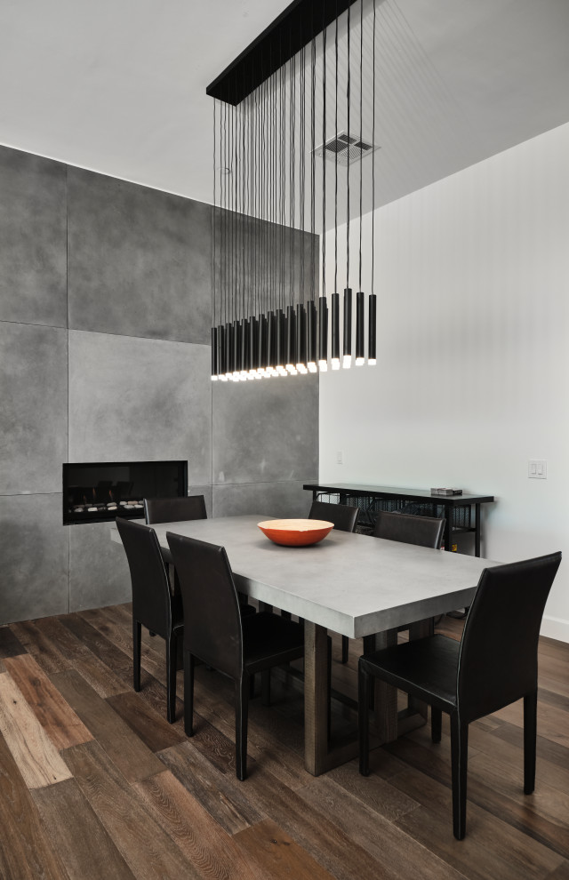 Dining room - mid-sized contemporary open concept light wood floor and brown floor dining room idea in Phoenix with gray walls, a standard fireplace, a tile fireplace and a media wall