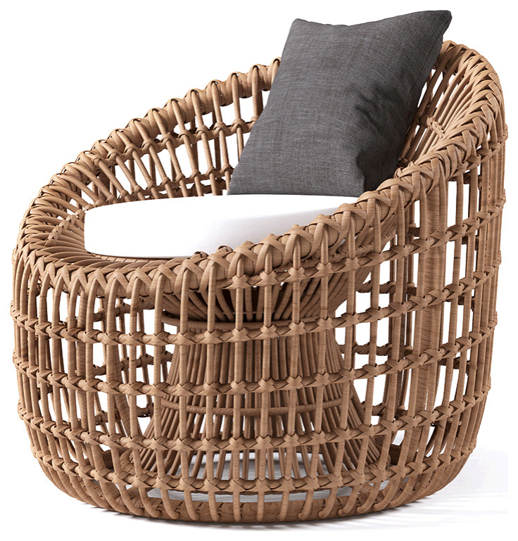 Austen Rattan Outdoor Barrel Chair Nest Shape Sidechair With Cushion