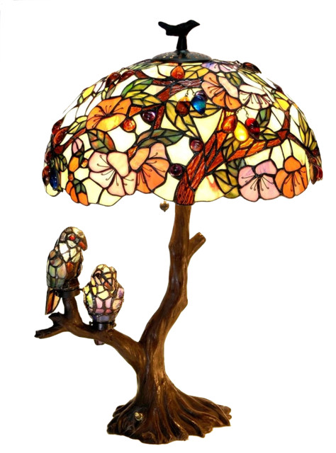 Chloe-Lighting 4-Light Flowers and Birds Double Table Lamp Oval