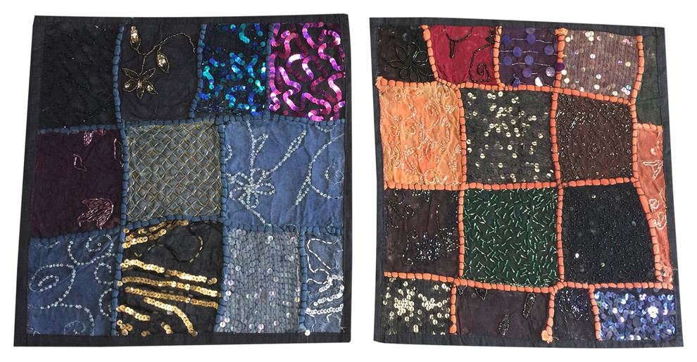 Designer Throw Pillow Sham Black Vintage Sequin Patchwork Cotton