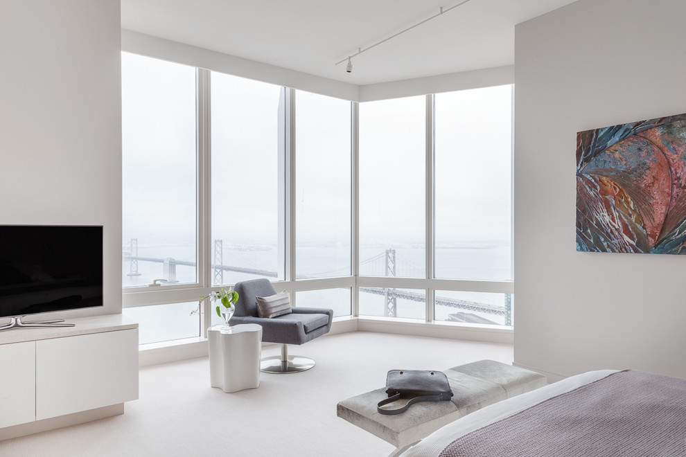 Photo of a large contemporary master bedroom in San Francisco with white walls, laminate floors, no fireplace and white floor.