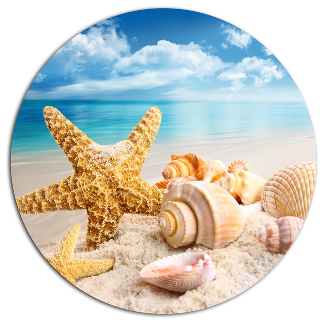Starfish and Seashells on Beach, Seashore Round Metal Wall Art Beach