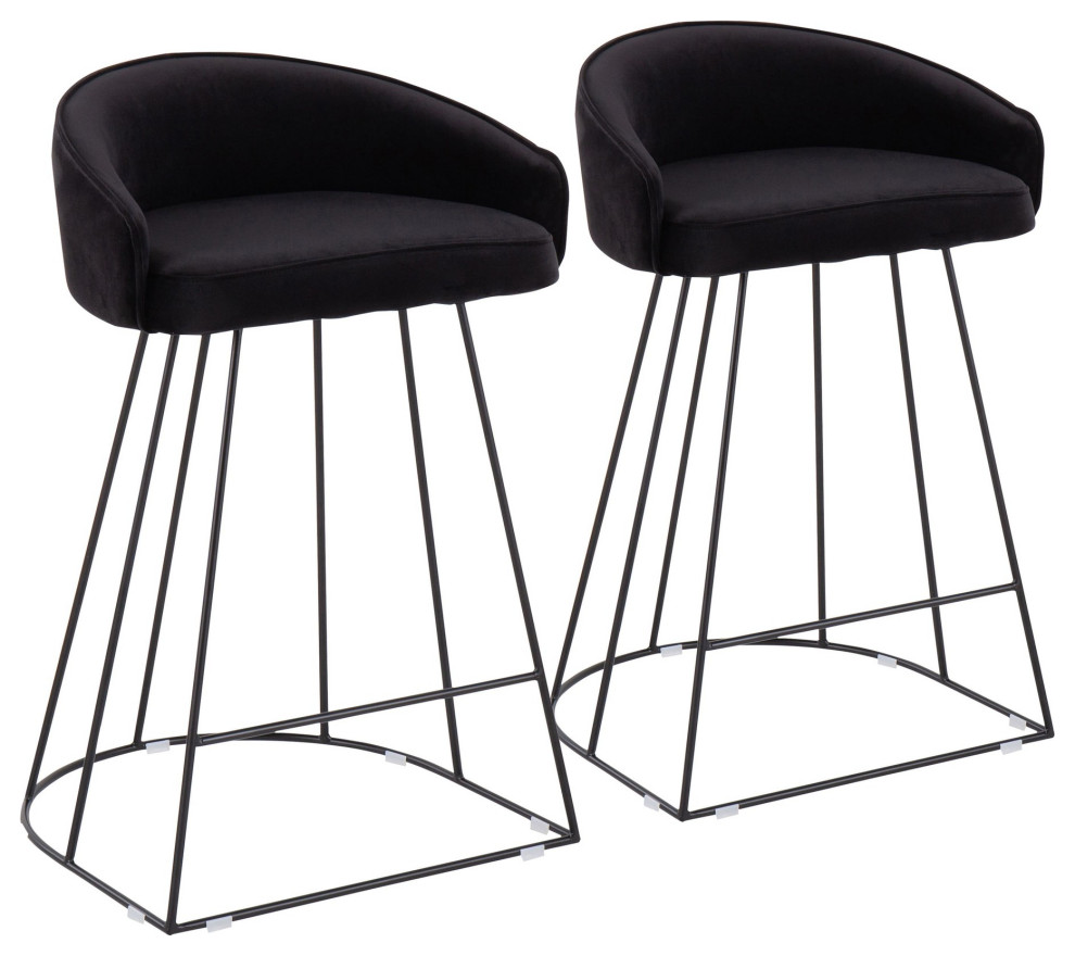 Canary Upholstered Counter Stool, Set of 2, Black Steel/Black Velvet Transitional Bar Stools