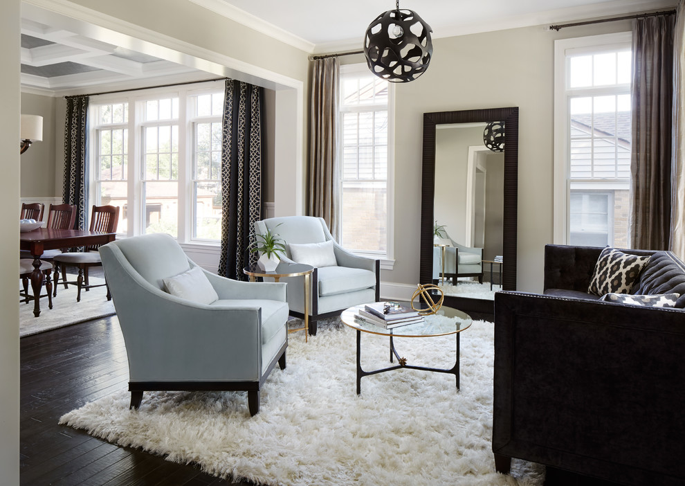 Inspiration for a mid-sized contemporary formal open concept living room in Chicago with beige walls, dark hardwood floors, no tv and no fireplace.