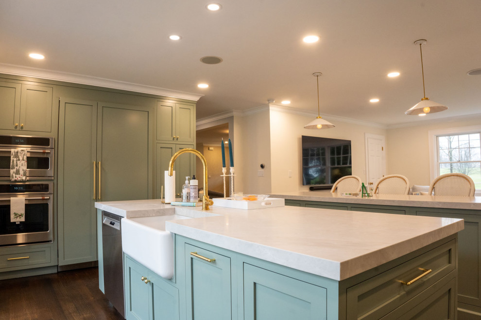 Inspiration for a transitional eat-in kitchen in New York with green cabinets, quartzite benchtops, with island and white benchtop.