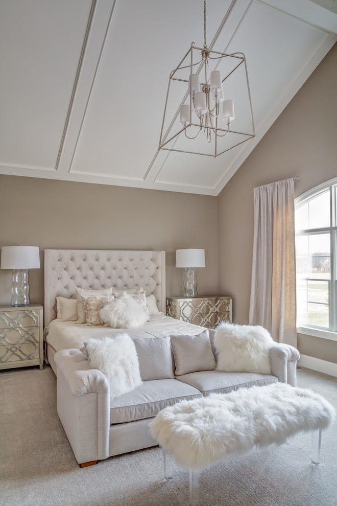 Design ideas for a large transitional master bedroom in Cleveland with grey walls, carpet and no fireplace.
