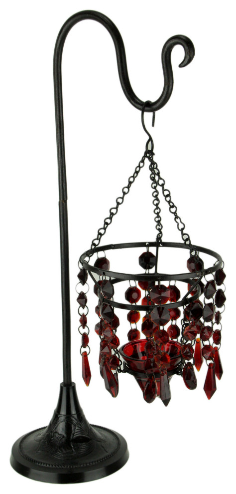 Glass Beaded Chandelier Votive Candle Holder On Stand Table Centerpiece, Red