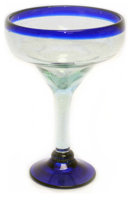Set of 4, Blue Rim Margarita Glasses, Recycled Glass, 14-16 oz.