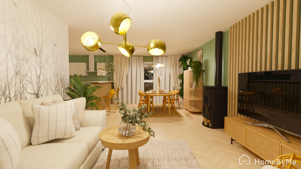 Idée de décoration pour salon in bois With un mur vert, parquet clair, un poêle à bois, un téléviseur fixé au mur and éclairage.