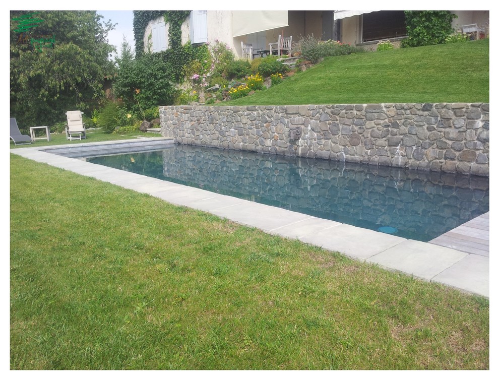 Inspiration for a large traditional backyard custom-shaped lap pool in Clermont-Ferrand with natural stone pavers.