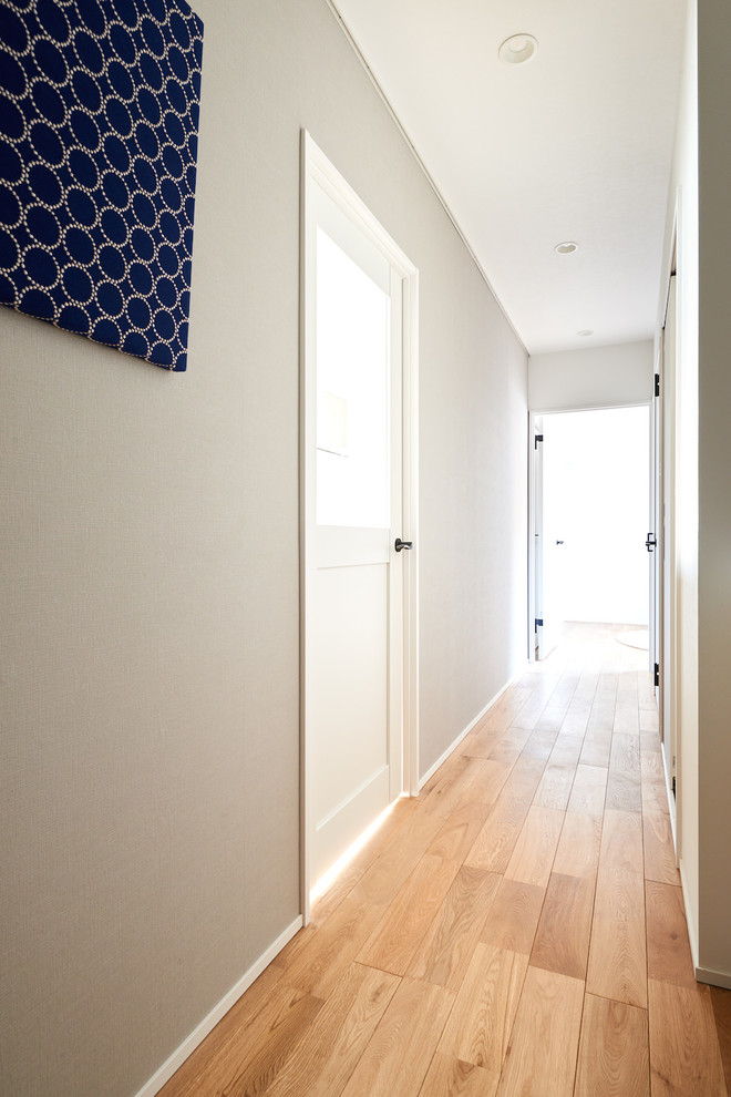 Inspiration for a scandinavian hallway in Other with grey walls and medium hardwood floors.