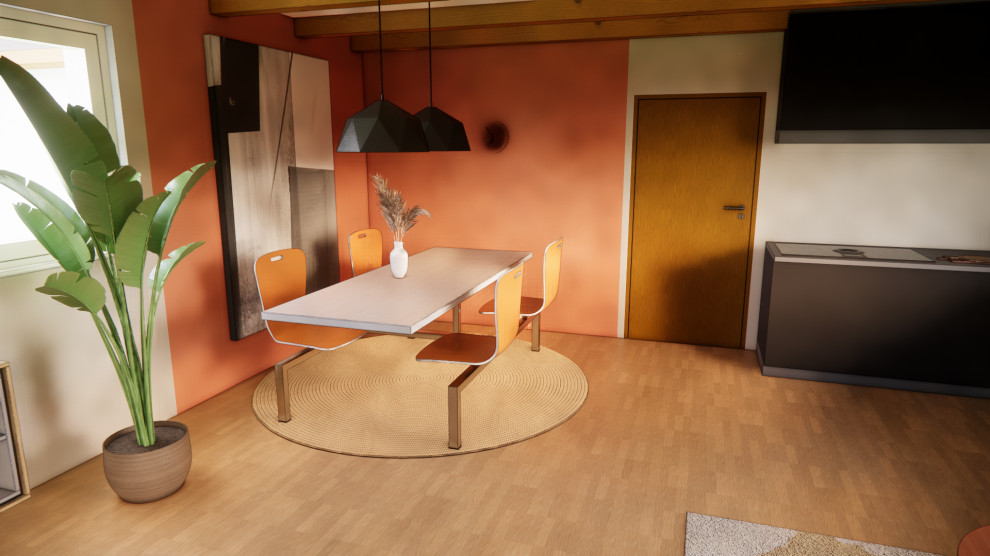 На фото: маленькая кухня-столовая в средиземноморском стиле с оранжевыми стенами, полом из винила и балками на потолке для на участке и в саду