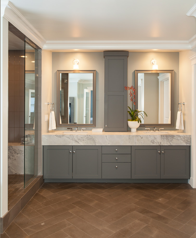 Inspiration for an expansive transitional master bathroom in Seattle with an undermount sink, shaker cabinets, white cabinets, granite benchtops, an undermount tub, an alcove shower and marble floors.