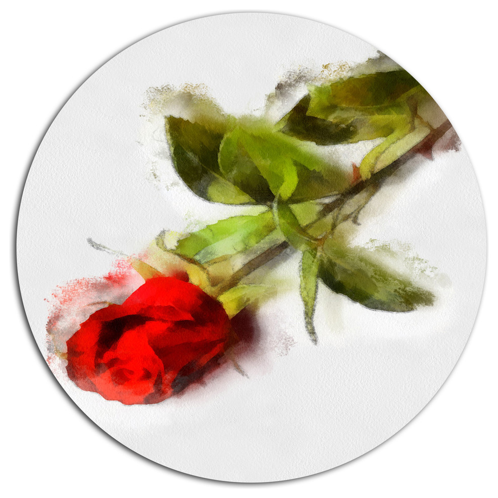 Red Rose With Stem Drawing, Flower Disc Metal Wall Art, 11"