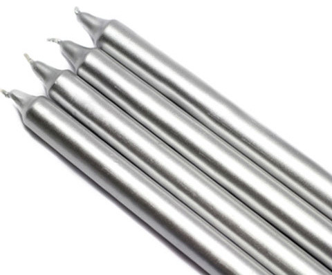 10" Metallic Silver Straight Taper Candles - 1 Dozen"