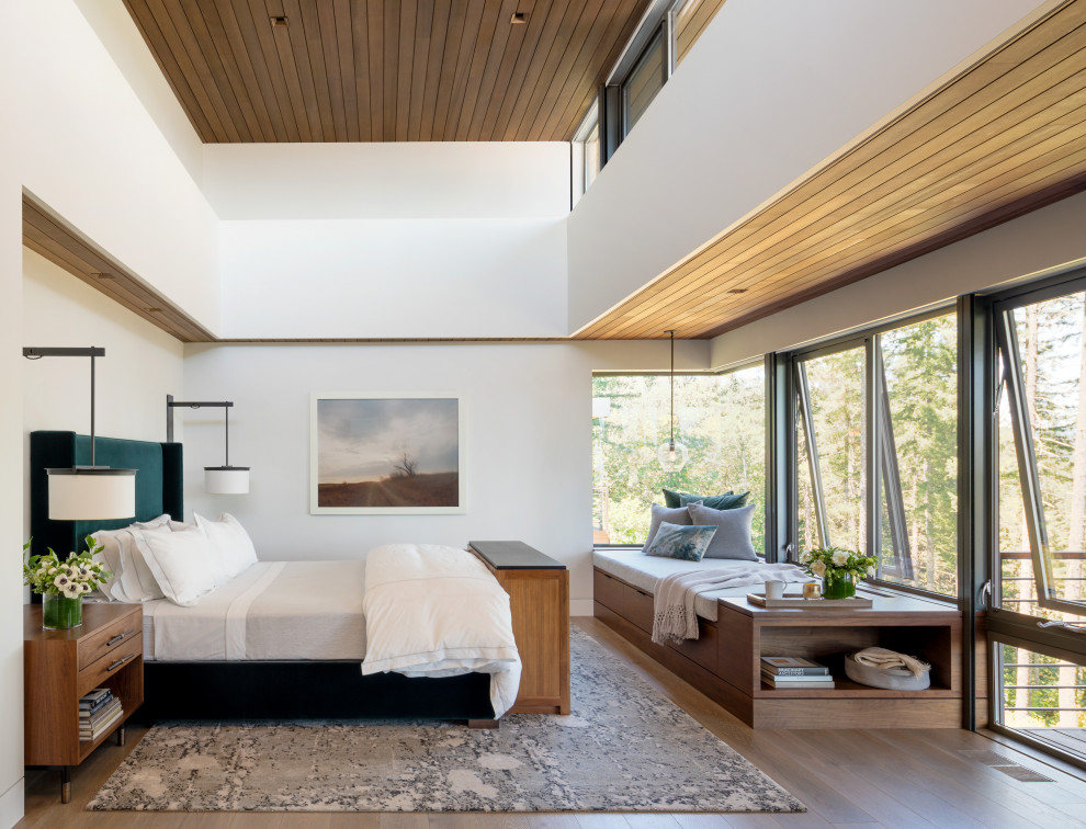 Esempio di una camera da letto minimalista con pareti bianche, parquet scuro, nessun camino e soffitto in legno