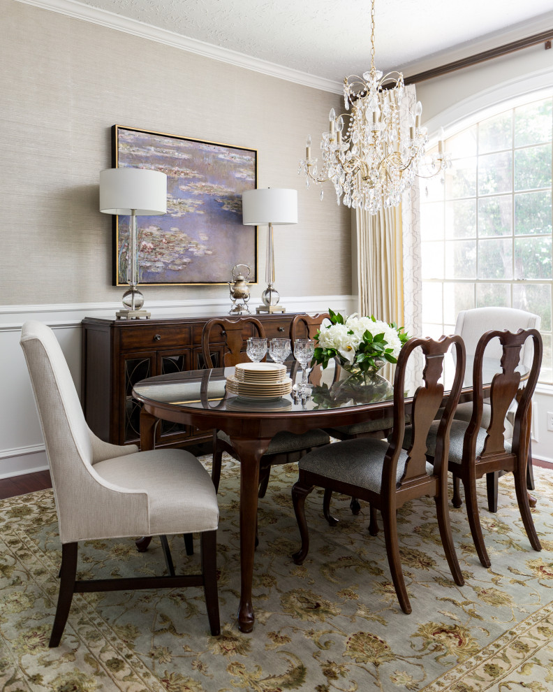 This is an example of a traditional separate dining room in Houston with beige walls, medium hardwood floors, no fireplace, brown floor and decorative wall panelling.