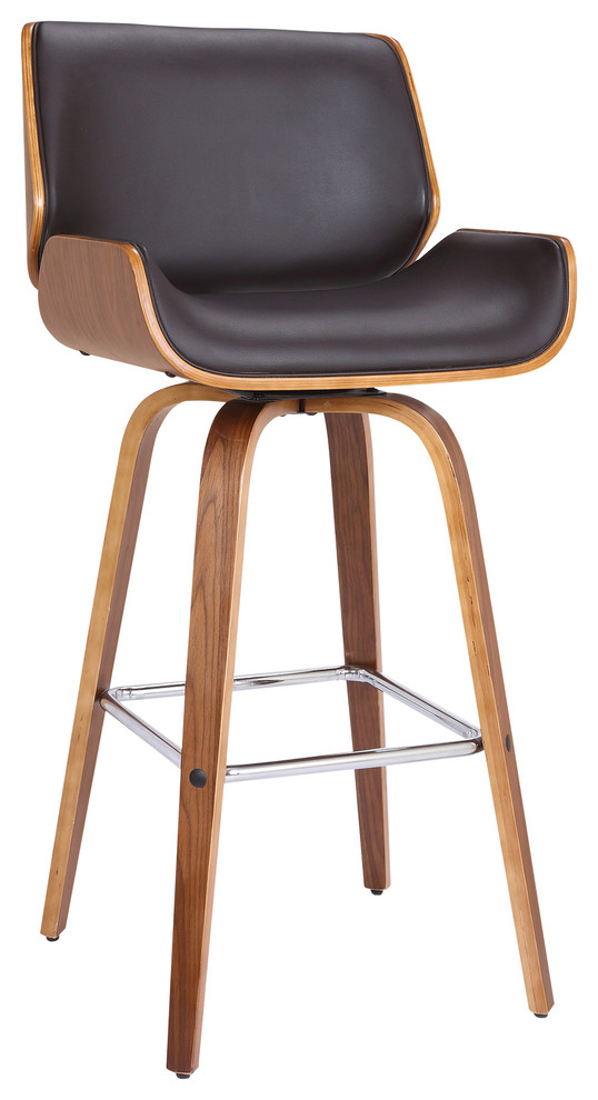 Carter 26" Mid-Century Swivel Counter Stool, Brown Faux Leather With Walnut