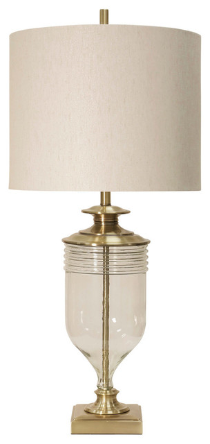 Halsford Gold Table Lamp, Gold and Clear Glass Body, Cream Shade