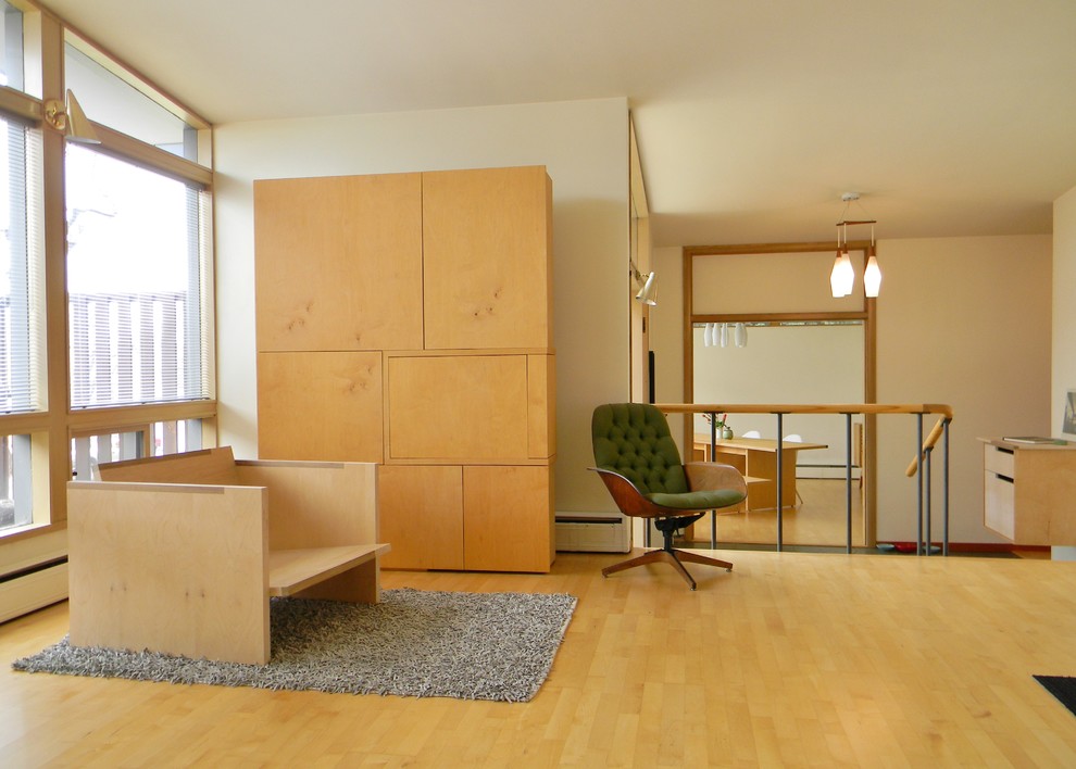 Midcentury living room in Seattle with white walls.
