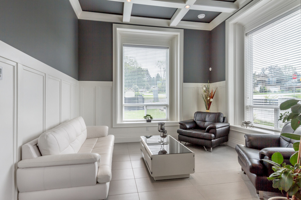 Medium sized contemporary enclosed living room in Vancouver with porcelain flooring, grey floors and a coffered ceiling.