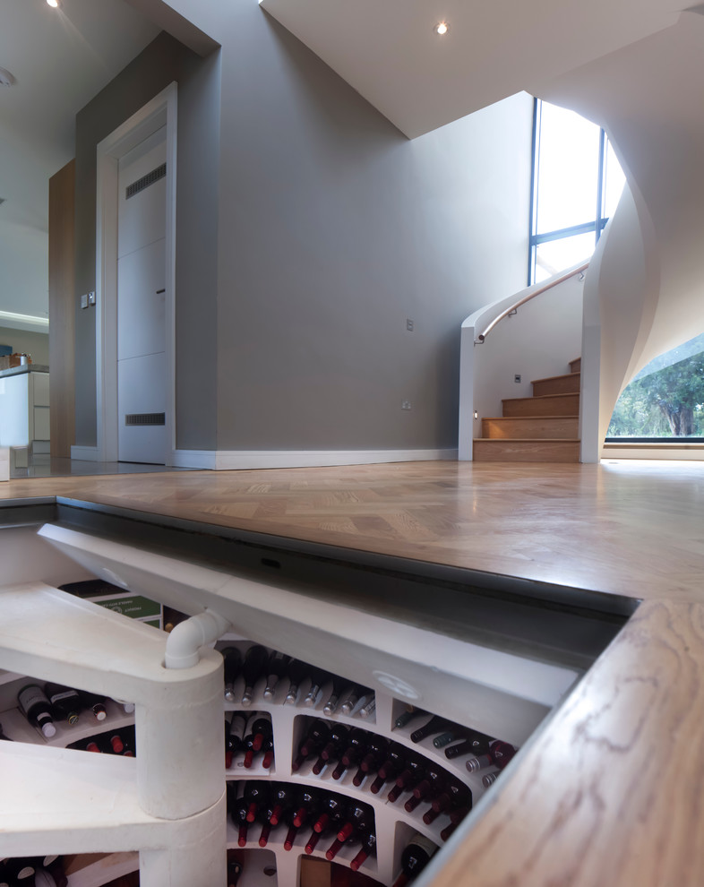 Photo of a mid-sized contemporary wine cellar in Los Angeles with dark hardwood floors and storage racks.