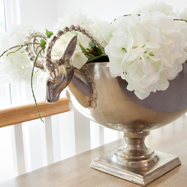 Silver punchbowl with hydrangeas