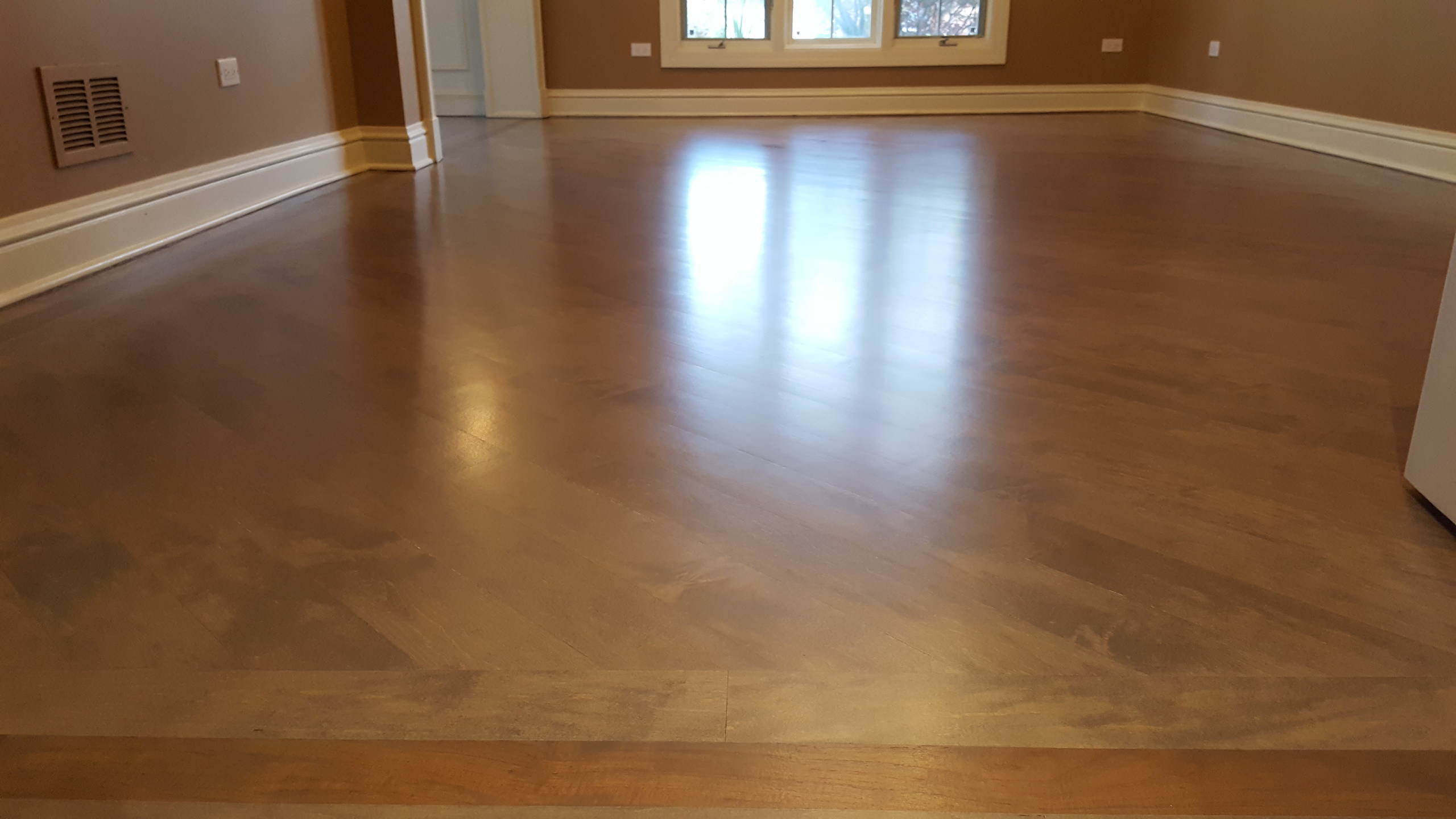 3 and 1/4 maple Classic Gray stain from Minwax , 4 coats satin water base finish