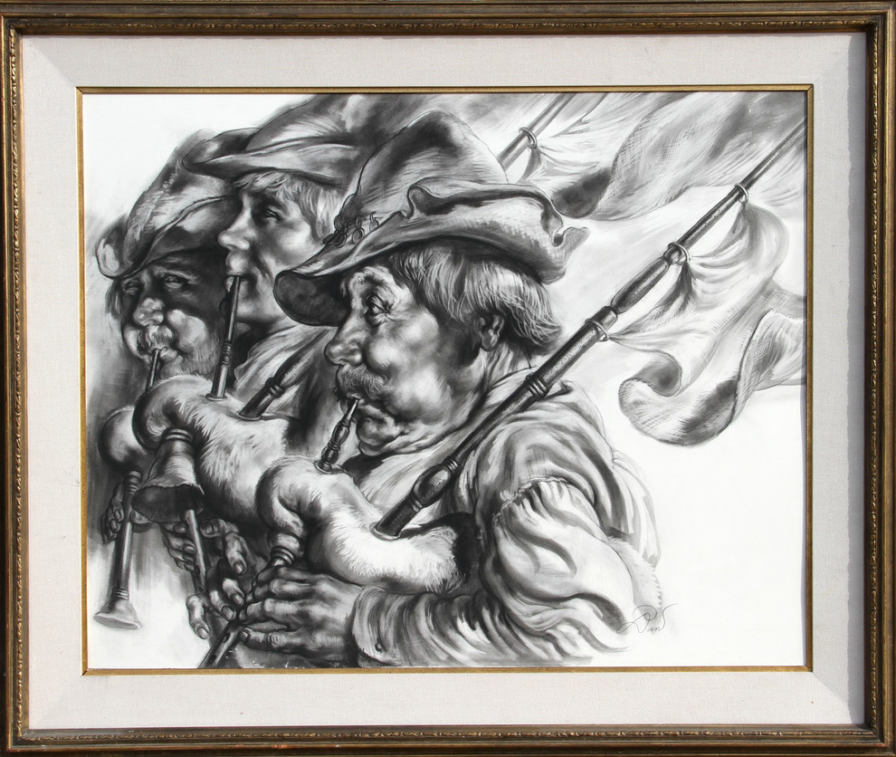 Virginia Dan, Bagpipers, Charcoal Drawing Traditional Drawings And