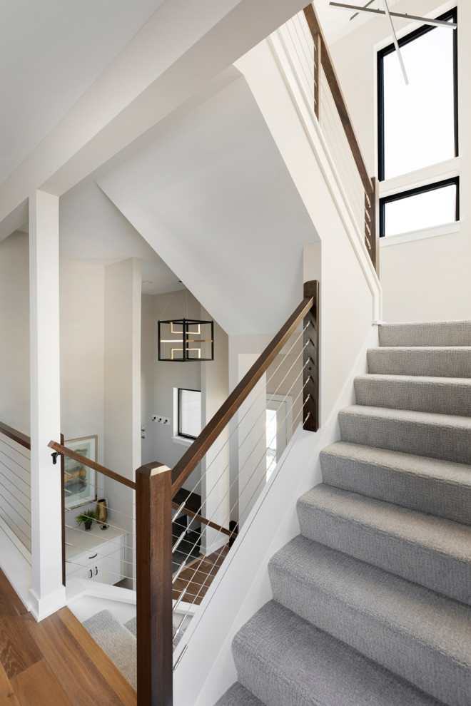 На фото: п-образная лестница среднего размера в современном стиле с ступенями с ковровым покрытием, ковровыми подступенками и перилами из тросов