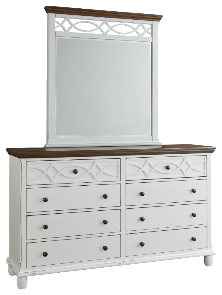 Granada Dresser and Mirror, Oak Brown & Vanilla White Farmhouse
