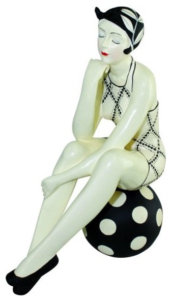 Retro Bathing Beauty Figurine, Swim Suit Beach Ball Black White Polka 