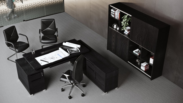 Ford Executive Modern L-Shaped Desk With Filing Cabinet and Return, Right Return